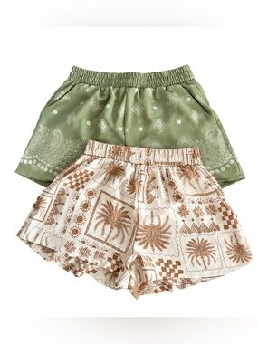Women’s Printed Elastic Waist Shorts - Olive Green & Cream Palm